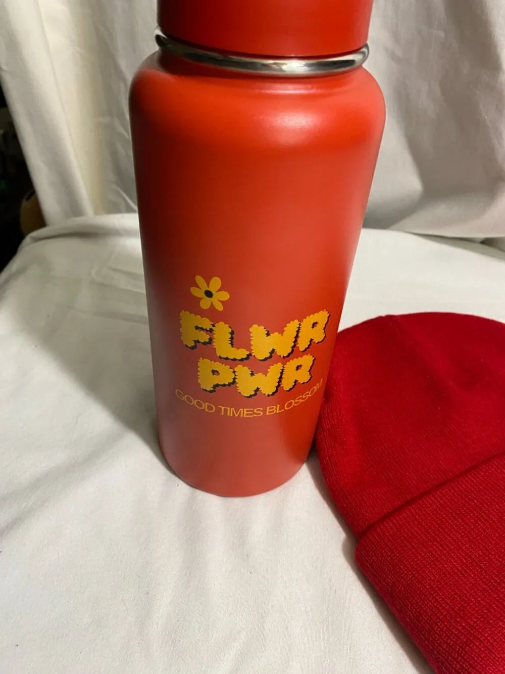 FLWR PWR Red Beanie & Matching Insulated Water Bottle Set Stay Hydrated
